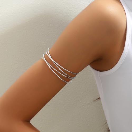Arm Cuff for Women Layered Armlet Open Adjustable Arm Cuff Gold Silver Upper Arm Cuff Bracelet Minimalist Armband Trendy Jewelry - color: Silver Arm Cuff