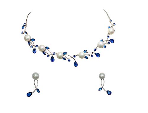 Faship Genuine 10mm Freshwater Pearls Floral Necklace Earrings Set | Premium CZ Crystal, Gorgeous, Sparkling - color: Blue