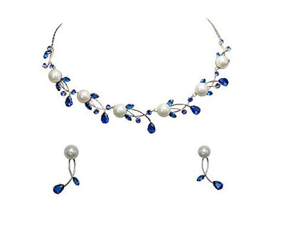 Faship Genuine 10mm Freshwater Pearls Floral Necklace Earrings Set | Premium CZ Crystal, Gorgeous, Sparkling - color: Blue