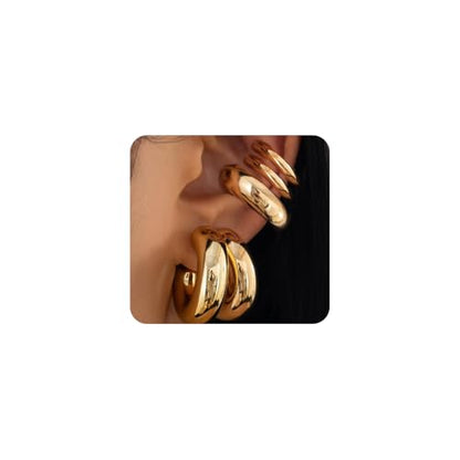 Chunky Gold Huggie Earrings Sets for Women Vinatge Non Piercing Ear Cuff Statement Earrings Personalized Large Clip On Hoop Earrings Fashion Jewelry - color: Gold