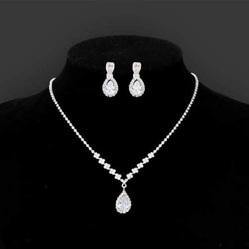 CIEHER Silver 2/3 Pieces Women Jewelry Set - Drop Necklace + Crystal Teardrop Dangle Earring Clips, Crystal Clip On Earrings Silver Non Pierced - style: Formal