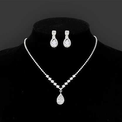 CIEHER Silver 2/3 Pieces Women Jewelry Set - Drop Necklace + Crystal Teardrop Dangle Earring Clips, Crystal Clip On Earrings Silver Non Pierced - style: Formal