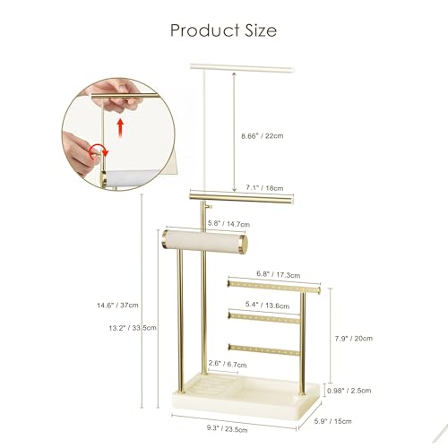 SZQINJI 5 Tier Jewelry Holder Organizer, Gold Necklace Stand Display, Beige | Velvet Bracelet Holder, Adjustable Height Jewelry Display for Necklaces, Bracelets, Earrings, Rings, Gift Idea for Women - color: Beige