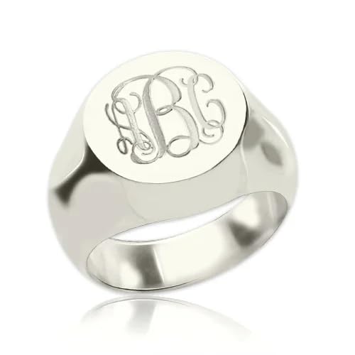 15mm Initial Ring 925 Silver/10K/14K/18K Gold Monogram Ring for Men Personalized Engraved Circle Monogram Signet Mens Ring Birthday Gifts - color: White Gold