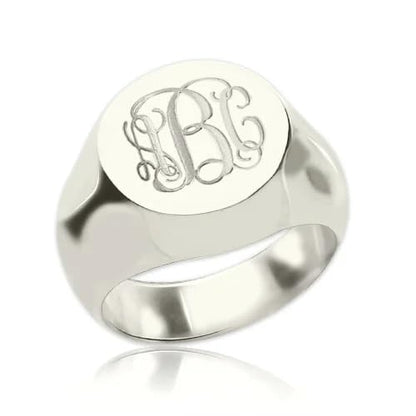 15mm Initial Ring 925 Silver/10K/14K/18K Gold Monogram Ring for Men Personalized Engraved Circle Monogram Signet Mens Ring Birthday Gifts - color: White Gold