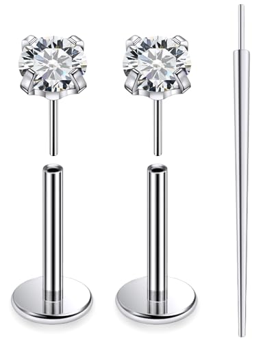 20G 18G 16G F136 Titanium Threadless Flat Back Earrings Nose Studs Tragus Forward Helix Conch Cartilage Lobe Earrings Medusa Labret Snake Bite Monroe Lip Ring Piercing Jewelry For Women Men - size: 18G-8MM Bar-CZ 3MM