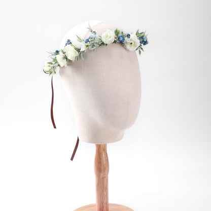 Fairy White Flower Crown Headband, Rose Floral Headpiece | Adjustable, Fairy Flower Crown, Women Girls, Renaissance Birthday Wedding Party Photo Props - color: Blue White