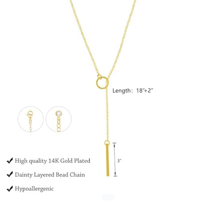 LULII Gold Necklace for Women Trendy Lariat Y Necklace Dainty 14k Gold Plated/Silver Long Necklaces for Women Layered Beaded Drop Necklaces Simple Y-Shaped Chain Jewelry Gifts - color: Circle Bar Y Necklace-Gold
