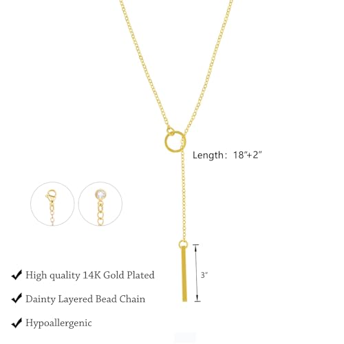 LULII Gold Necklace for Women Trendy Lariat Y Necklace Dainty 14k Gold Plated/Silver Long Necklaces for Women Layered Beaded Drop Necklaces Simple Y-Shaped Chain Jewelry Gifts - color: Circle Bar Y Necklace-Gold