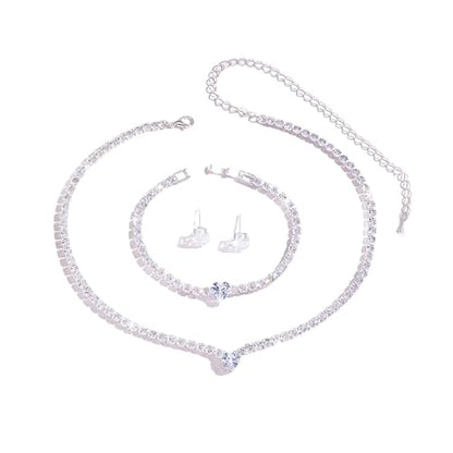 Women's Fashion Jewelry Rhinestone Zircon Necklace and Earring Set Formal Ball Gown Accessories Silver Floral Pendant Bridal Wedding Jewelry Suitable for Weddings, Balls, Banquets, and All Special Occasions - style: GST007