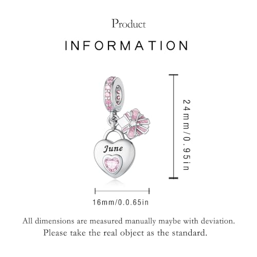 LNQOBU 925 Sterling Silve Heart-shaped Birthstone Charm for Bracelets, With 5A Cubic Zirconia Birthday Charms Dangle Pendant Bead for Pandora Bracelets - color: F-June