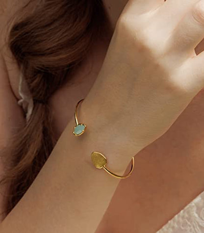 OZEL – Women’s Gold Cuff Bracelets – 18K Gold Plated Textured Bangles with Multi-Color Crystal & Rhinestone Accents – Layered Stacking Jewelry - color: Green Opal