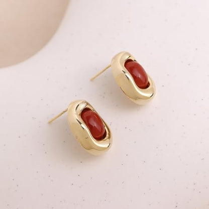Jean Beau Chunky Gold Stone Stud Earrings for Women, Trendy Natural Gemstone Hypoallergenic Earing Valentine Jewelry Gift - color: Ruby Red