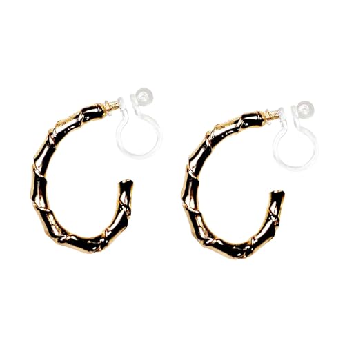 Hoop Invisible Clip On Earrings for Women Not Pierced Gold Small Twisted Hoop Comfortable Silver Large Clip On Earrings - color: Bamboo Hoop Gold