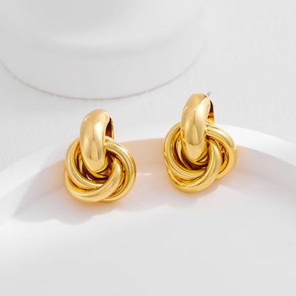 Gold Geometric Drop Dangle Earrings for Women Chunky Trendy Knot Stud Small Twisted Link Earring Jewelry Gift - color: A-Small Flower-Gold