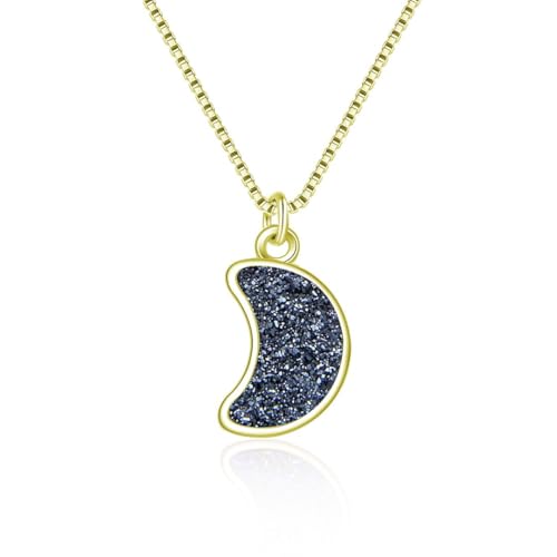 Adabele Natural Druzy Necklace Small Tiny Moon Gemstone Pendant 18 inch Sparkly Agate Stone Crystal Women Jewelry Tarnish Resistant Stainless Steel/Gold Plated Chain - color: Hematite black druzy - gold plated
