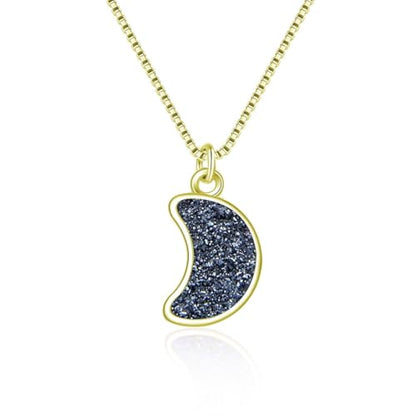 Adabele Natural Druzy Necklace Small Tiny Moon Gemstone Pendant 18 inch Sparkly Agate Stone Crystal Women Jewelry Tarnish Resistant Stainless Steel/Gold Plated Chain - color: Hematite black druzy - gold plated