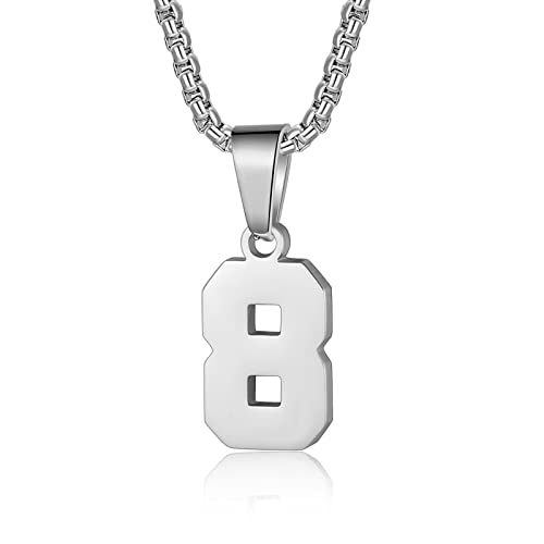 Susook Number Necklace for Boy Black Athletes Number Stainless Steel Chain 00-99 Number Charm Pendant Personalized Sports Jewelry for Men Basketball Baseball Football - color: Silver, style: 8