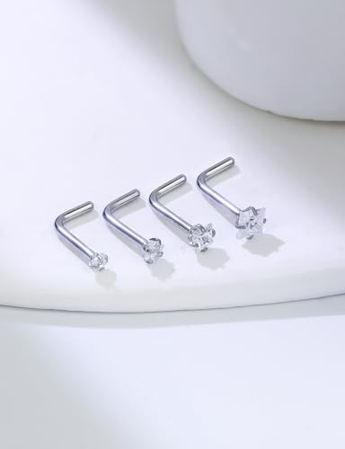 18G 20G 14K Gold Filled Nose Rings Studs Piercing Jewelry For Women Men 316L Surgical Steel Round Square Cubic Zirconia Nose Rings Studs Nostrial Piercing Jewelry CZ 1.5mm 2mm 2.5mm 3mm - color: Silver, size: 18 Gauge-L Shaped-Round and Square CZ