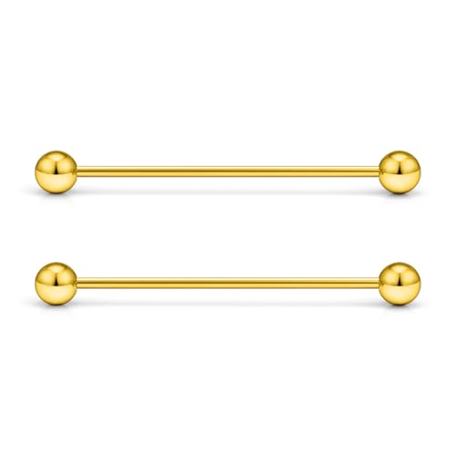 16G 14G Surgical Steel Tongue Rings Nipple Rings Industrial Piercing Jewelry Set Multi Size Straight Barbells 12mm 14mm 16mm 19mm 22mm 28mm 32mm 35mm 38mm 40mm 45mm for Women Men - color: goldtone, size: 16g,bar length 35mm