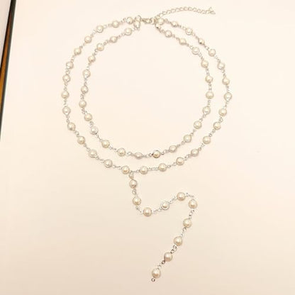 Colorful Crystal Long Necklace for Women Dainty Boho Y-Shaped Color Bead Necklaces Sparkly Rhinestone Pendant Layered Gold Long Chain Choker Good Luck Trend Jewelry Gift Jewelry - color: Double Layer Pearl Silver