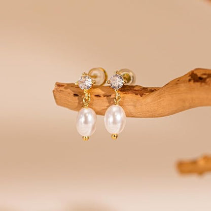Pearl Earrings - 14K Gold/White Gold/Rose Gold Plated Cubic Zirconia CZ Diaomond Accented Pearl Drop Dangle Earrings for Women Wedding Bridal Prom - color: Drop 83