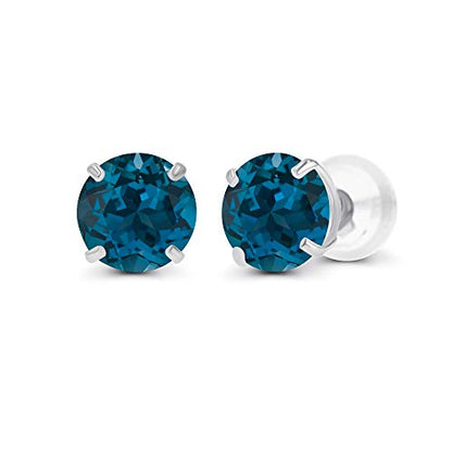Solid 14K Yellow, White or Rose Gold 4mm Round Genuine Gemstone Birthstone Prong Set Stud Earrings For Women - color: Blue Topaz-London Blue Topaz