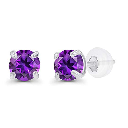 Solid 14K Gold 3mm Round Prong Set Hypoallergenic Genuine Petite Birthstone Stud Earrings - color: Amethyst
