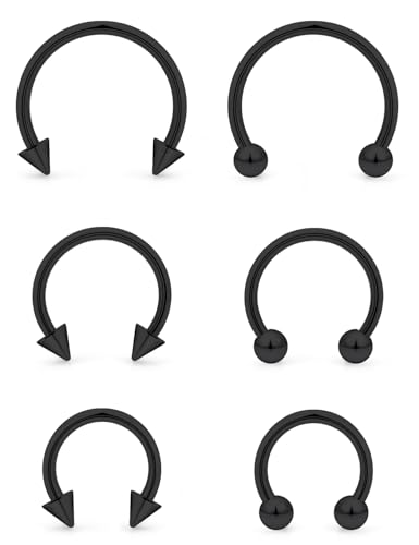 6PCS Septum Rings 18G Stainless Steel Nose Septum Ring Horseshoe Earring Eyebrow Lip Smiley Piercing Jewelry for Women Men Inner Diameter 8mm/10mm/12mm - color: black,ball+spike closure