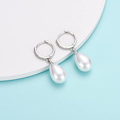 CERSLIMO Pearl Drop Earrings for Women | S925 Sterling Silver Post Simulated Shell Pearl Hoop Dangle Earrings, Hypoallergenic Cubic Zirconia Huggies Earrings Bridesmaid Jewelry - style: 02 Silver-Teardrop