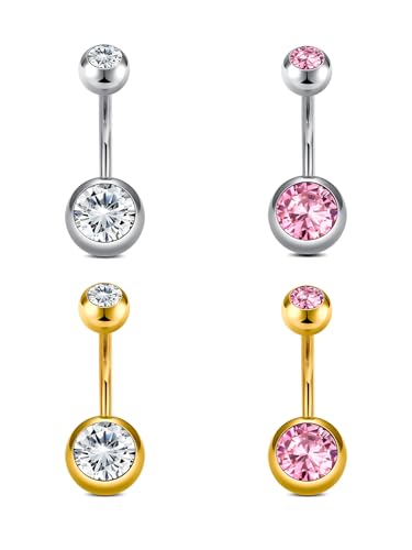 Longita Belly Button Rings Short Bar for Women Stainless Steel Belly Ring Navel Piercing Jewelry 14g Colorful Ball Pack 6mm 1/4” 8mm 5/16“ 10mm - color: 22-silver gold pink-10mm
