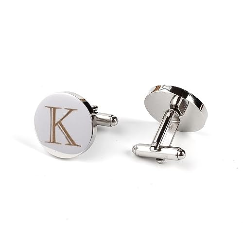 Mens Initial Silver Cufflinks A-Z Alphabet Letter Steel Cuff Links with Engraved Walnut Wood Box Groom Groomsman Wedding Set… - style: K