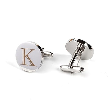 Mens Initial Silver Cufflinks A-Z Alphabet Letter Steel Cuff Links with Engraved Walnut Wood Box Groom Groomsman Wedding Set… - style: K