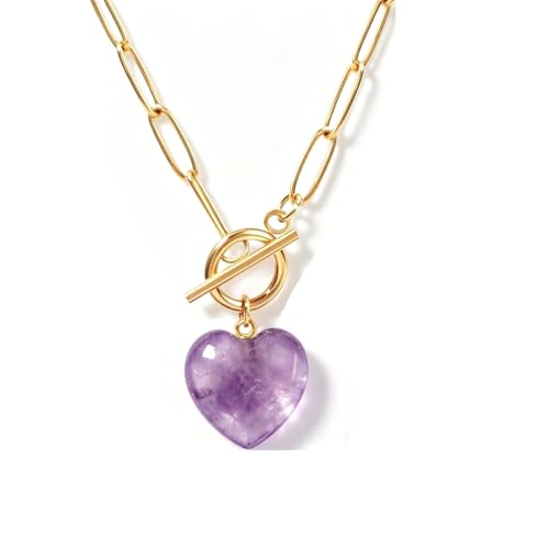 Teardrop CZ Pendant Paperclip Chain Necklace 18K Plated Paperclip Toggle Necklace Jewelry Birthstone Gift for Women - color: Heart Amethyst