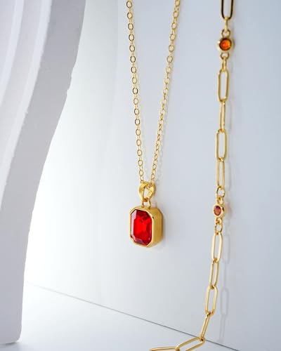 Gold Layered Necklaces for Women, 18k Gold Plated Crystal Necklace Paperclip Choker Emerald Green Jewelry for Women Gifts - color: Big Red