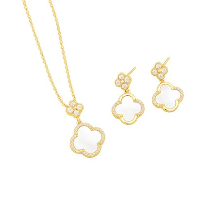 ZYRA Gold Plated Clover Four Leaf Necklace Pendant and Earrings for Women Clover Set Jewelry Gifts for Women - color: White