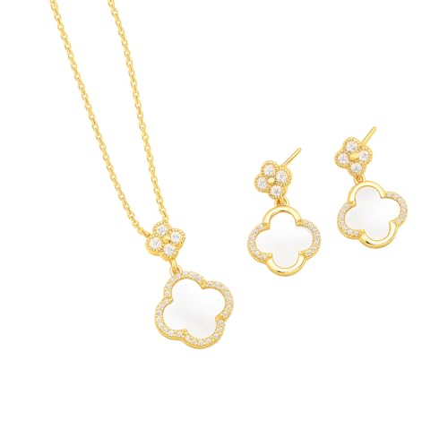 ZYRA Gold Plated Clover Four Leaf Necklace Pendant and Earrings for Women Clover Set Jewelry Gifts for Women - color: White