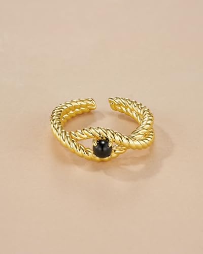 SNGIA 18K Gold Plated Adjustable Open Ring for Women Natural Stone CZ Statement Ring Tiger Eye Emerald Ruby Lapis Black Onyx Turquoise Evil Eye Boho Stackable Cocktail Ring Birthday Gift Jewelry - style: Onyx