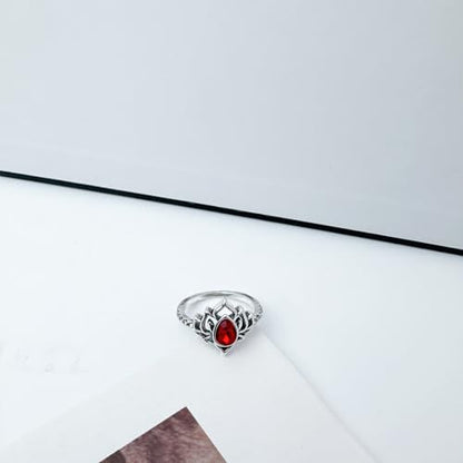 Lotus Ring for Women - Zircon Inlaid Flower Promise Ring - My Trauma Inspirational Statement Floral Jewelry Gift - color: red
