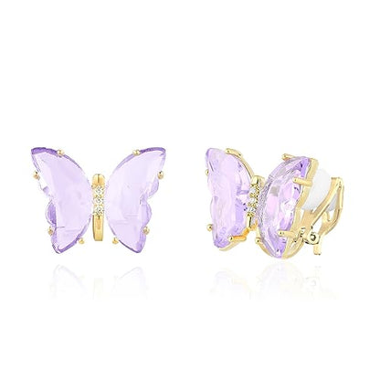 YOQUCOL Butterfly Shape Crystal Clip On Earrings Non Pierced Golden Stud for Women - color: Purple