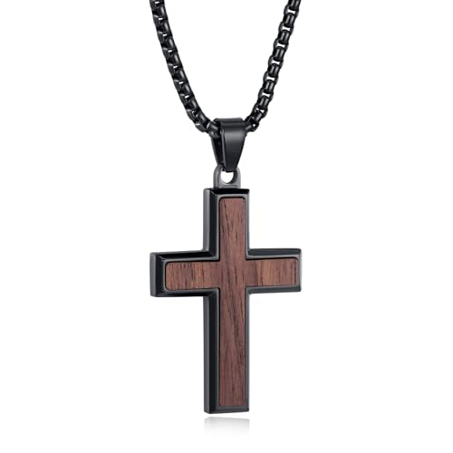 REVEMCN Wooden Cross Necklace for Men Boys - Black Walnut & Stainless Steel Christian Wood Crucifix Pendant with 18-24" Rolo Chain, Inspirational Jewelry Graduation Birthday Gift for Teen Boy Son Dad - color: A - Black Walnut, size: 20+2