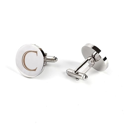 Mens Initial Silver Cufflinks A-Z Alphabet Letter Steel Cuff Links with Engraved Walnut Wood Box Groom Groomsman Wedding Set… - style: C