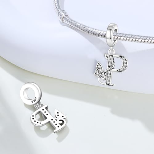 2 Pack 925 Sterling Silver Butterfly Letter Charms for Bracelets and Necklace Alphabet Initial Dangle Pendants Round Spacer Beads Pave Cubic Zirconia Jewelry Gift for Women - color: P Set