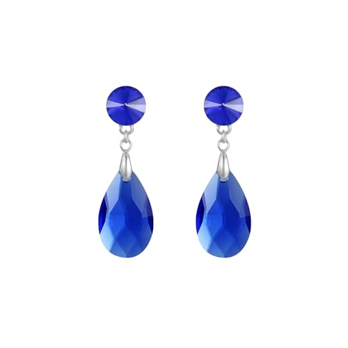 Round and Teardrop Crystal Stud Dangle Earrings Hypoallergenic Gold Plated Birthstone Drop Earrings Trendy Evening Prom Pageant Jewelry Gift for Women - color: sapphire blue