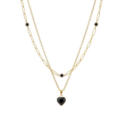 Birthstone Layered Pendant Paperclip Necklace 18k Gold Plated Heart Choker Chain Necklace Emerald Cut Jewelry Birthday Gift for Women - color: Black Heart