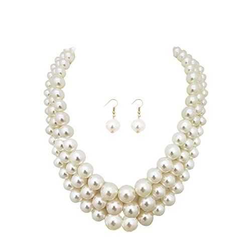 Fashion 21 Women's Faux Pearl Three Multi-Strand Statement Necklace and Earrings Set - color: Cream