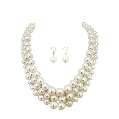 Fashion 21 Women's Faux Pearl Three Multi-Strand Statement Necklace and Earrings Set - color: Cream