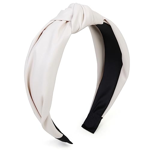 Huachi Leather Headbands for Women - Knotted Fashion Top Knot Headband, Creamy White Hairband for Girls - Hair Accessories - color: Cream White