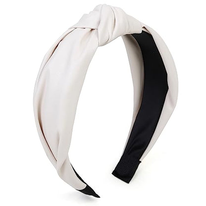 Huachi Leather Headbands for Women - Knotted Fashion Top Knot Headband, Creamy White Hairband for Girls - Hair Accessories - color: Cream White