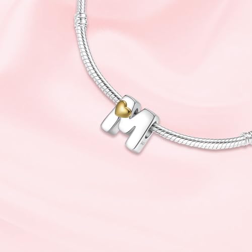 A~Z Alphabet Charm Letter Beads 925 Sterling Silver with Heart-shaped 5A Cubic Zircon Stones fits Pandora European Bracelets Necklace Jewelry Gift for Women - style: M Letter Charms